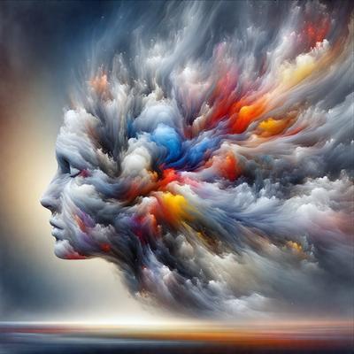 The primary subject of the image is a close-up of a person's head, with a focus on the eyes and the surrounding area. The setting is a cloudy sky, which serves as the backdrop for the head. The visual style is a combination of digital art and illustration, creating a unique and artistic representation of the person's head. The colors and mood of the image are predominantly dark and moody, with the cloudy sky adding to the overall atmosphere.